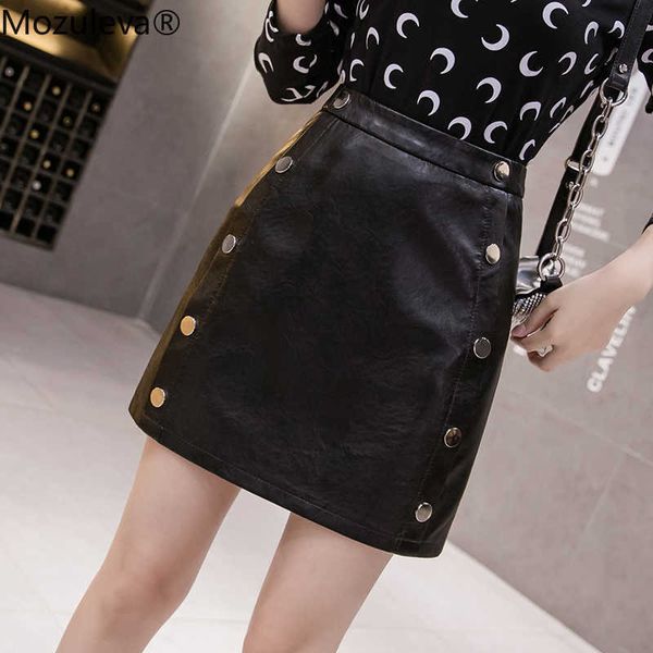 

mozuleva style for autumn winter high waist slim metal buckle pu leather skirt female 210706, Black