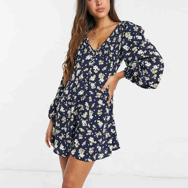 

women spring elegant floral dress v neck above knee mini party casual street wear printed office nx9879 210525, Black;gray