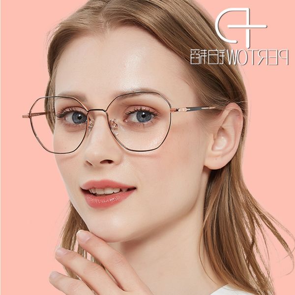

2021 new plain net red metal anti blue spectacle short sighted female polygon fashion flat light frame, White;black