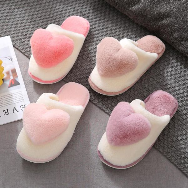 

slippers women winter thick warm cute heart-shaped sweet fluffy indoor floor non-slip comfy chaussure femme, Black