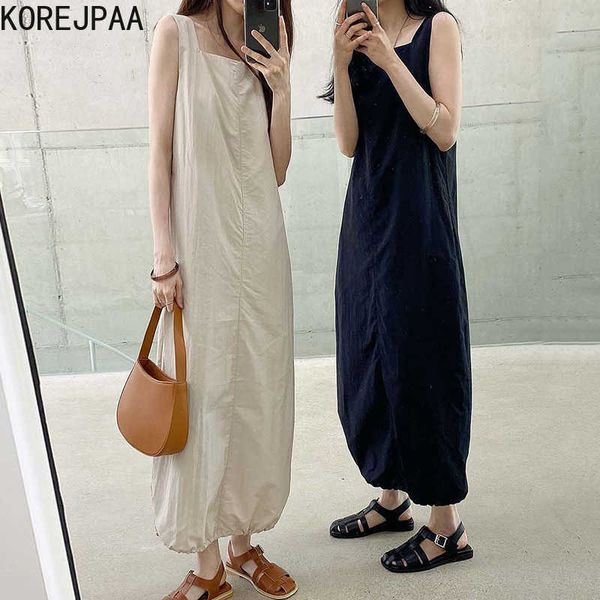 

korejpaa women dress korean fashion chic simple solid color square collar casual hem tether sleeveless vestido female 210526, Black;gray