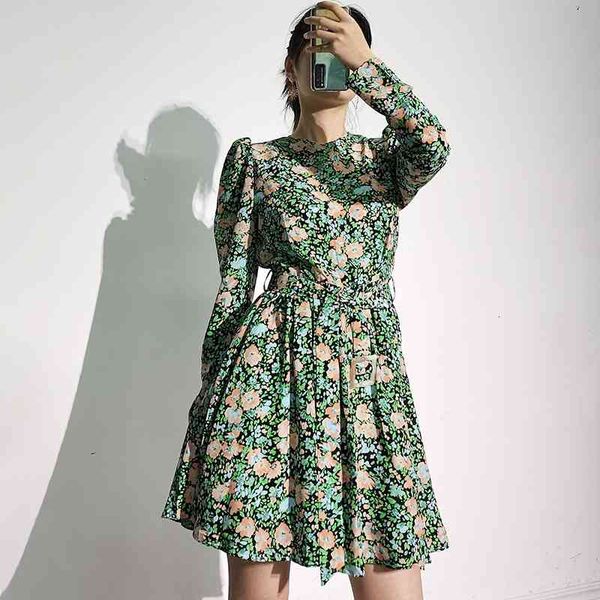 

casual dresses women prairie chic summer floral print long sleeve high waist sashes mini 2021 gqnu, Black;gray