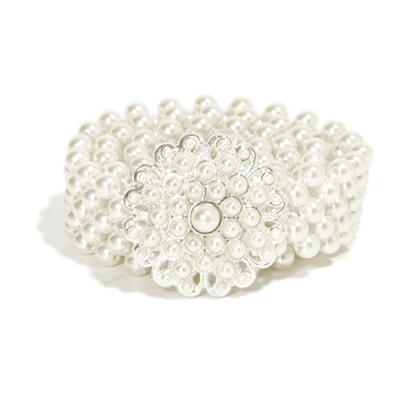 

pearl waist chain women's fashion sweet dress elastic pearl belt, Black;brown