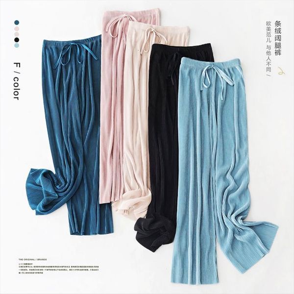 

pleated loose ice silk korean womens pant casual cropped wide leg trouse home classic sports wear girls clothes black top, Black;white