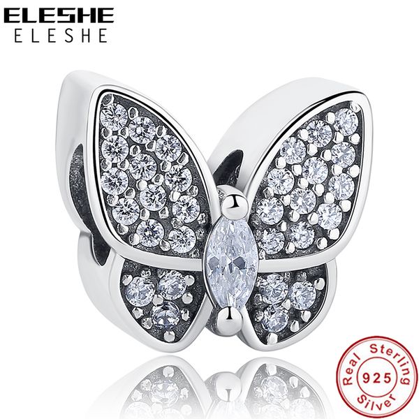 

eleshe fit original pandora charms bracelet 925 sterling silver cz crystal butterfly beads diy jewelry making valentine's day q0531, Black