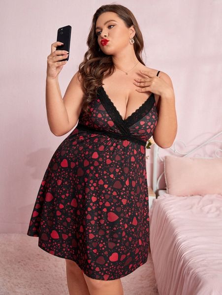 

plus heart print lace detail slip nightdress w3tn#, Black;white