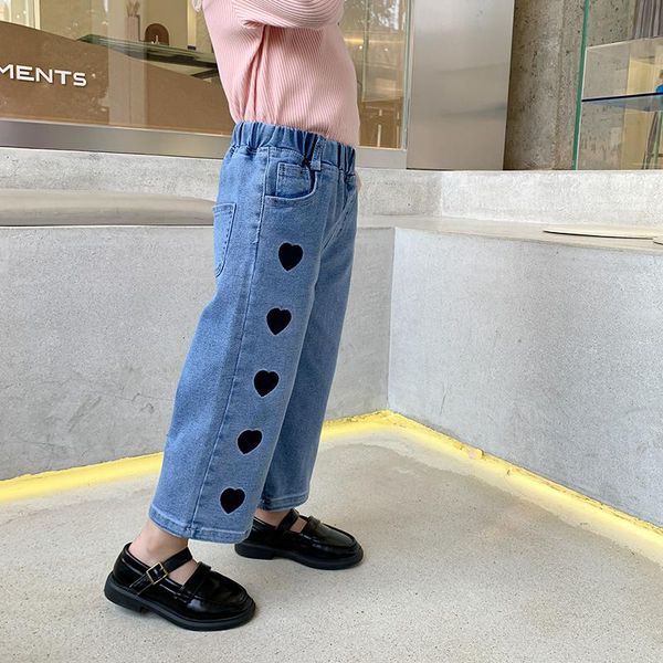 

mila chou 2021 spring autumn girls jeans heart embroidery high waist loose straight casal denim pants kids trousers2-8y, Blue