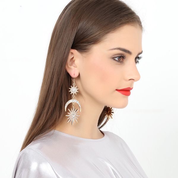 

e0312 new six star earrings european and american fashion exaggerated sun moon alloy earrings earrings, Silver