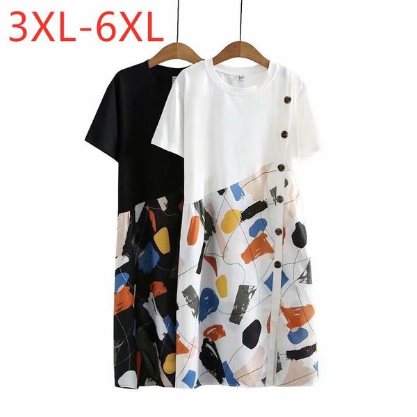 

plus size dresses 2021 ladies summer midi dress for women large short sleeve casual loose cotton linen print 3xl 4xl 5xl 6xl, Black