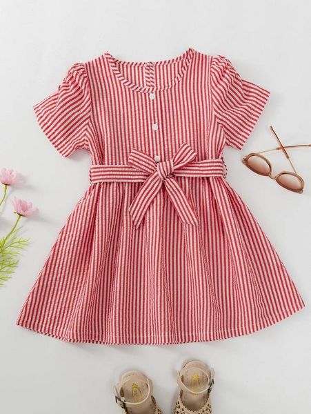 

toddler girls striped fake button belted dress she, Red;yellow