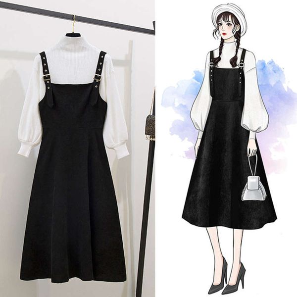 

2021two piece suit of long skirt with straps for female students in autumn and winter, Black;gray