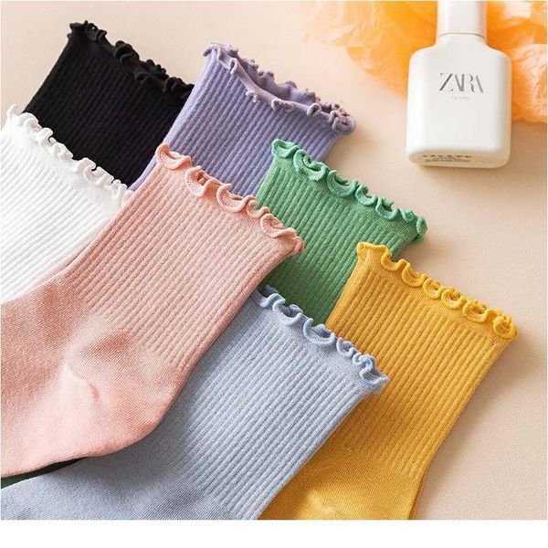 

socks women harajuku sweet retro short socks lolita frilly ruffle cotton sock girls comfortable solid colorful ankle so jllhot, Black