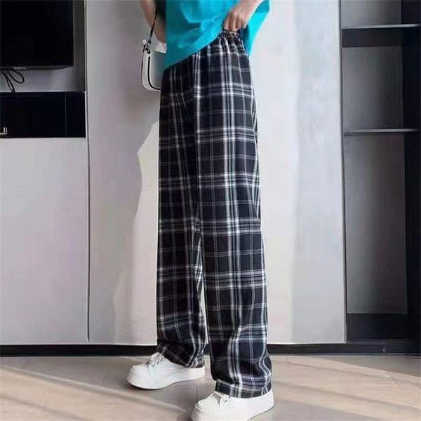 

women's pants & capris streetwear black plaid women elastic waist harajuku 2021 womens straight korean students hip hop trousers, Black;white