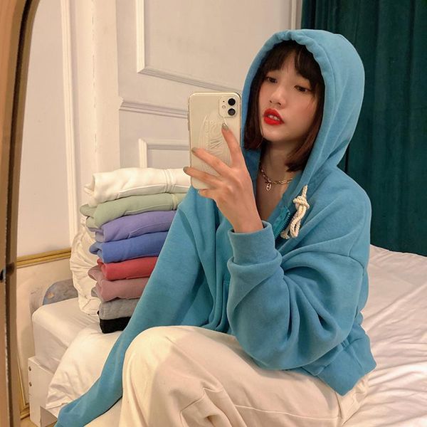 

9 candy colors 2021 fashion women autumn winter hoodie coats zipper short jacket casual clothing female coat womens, Black;brown