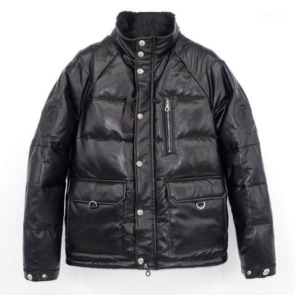 

men's leather & faux japan street sheep skin white duck down jacket men, Black