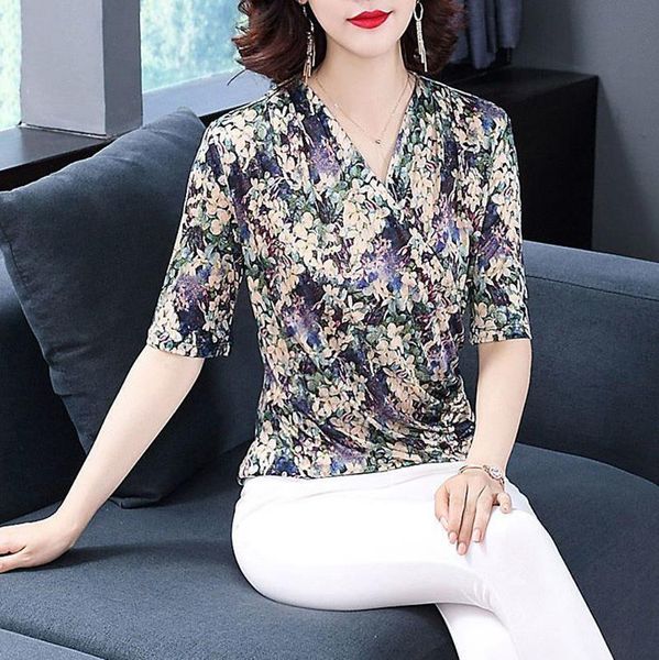 

women blouses spring summer style lace shirts lady casual v neck short sleeve flower printed blusas dd8816, White