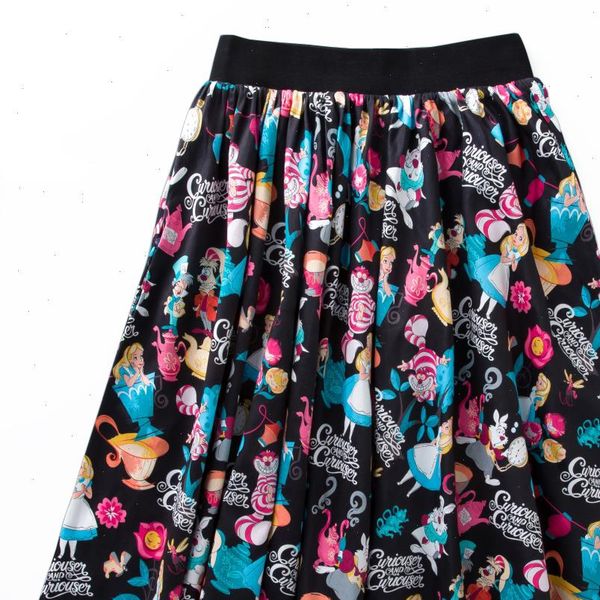 

candow look new arrived fashion womens high waist novetly alice printing retro inspired circle swing  pleated skirt, Black