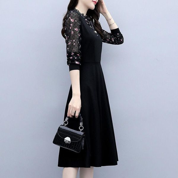 

casual dresses spring floral chiffon dress 2021 plus size women long-sleeved midi patchwork zipper full print black clothes, Black;gray