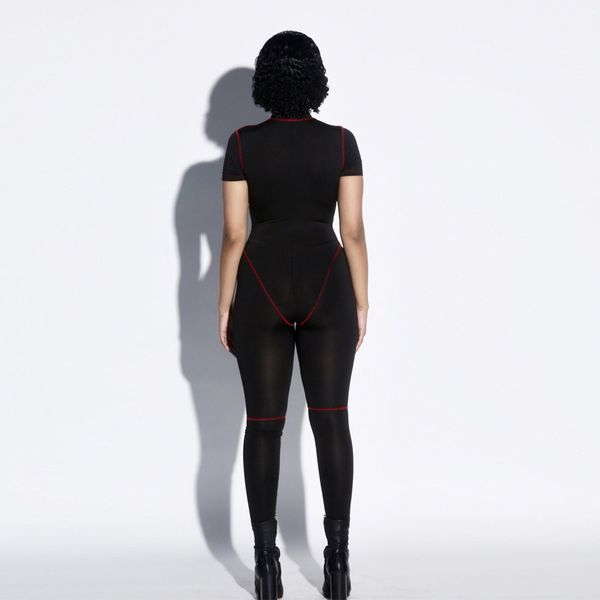 

women zipper black rompers patchwork fitness jumpsuit clothes summer short sleeve good quality stretch overalls cotton, Black;white