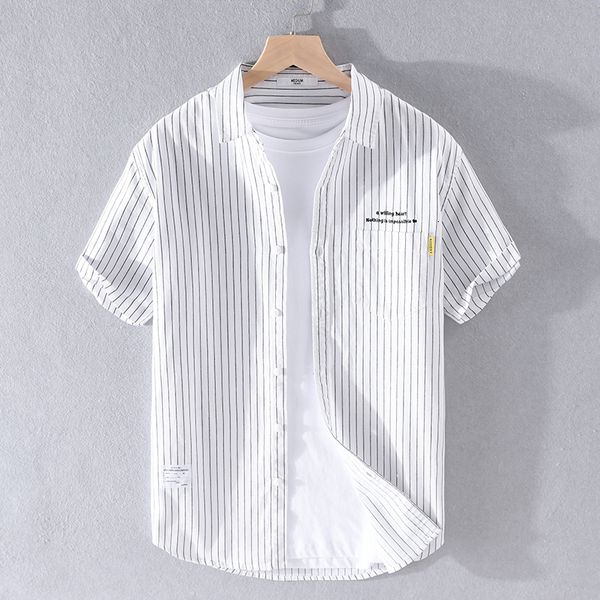 

2021 new summer pure coton casual mens japanese style trendy shirts for men brand stripe shirt male fashion chemise overhemd 6r3d, White;black
