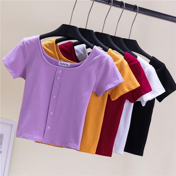 

women's t-shirt woman short sleeve solid slim single breasted crop 2021 summer ladies all match casual teenager girl korean, White