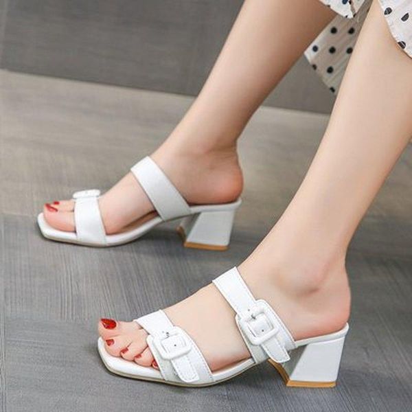 

dress shoes 2021 summer thick heel sandals fashion word buckle open toe large size 35-45 women's house slippers, Black