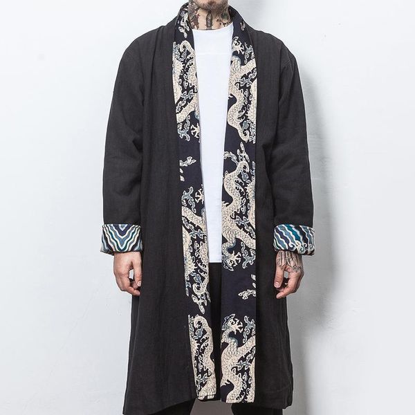 

men's trench coats autumn and winter coat chinese style contrast flower jacket for men manteau long homme, Tan;black