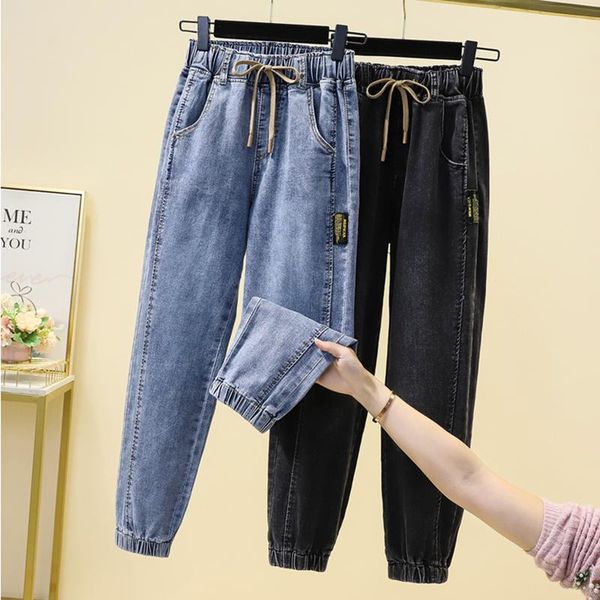 

women's jeans pantalones de mujer women high waist denim stretch lace-up elastic boyfriend plus size loose harem pants, Blue