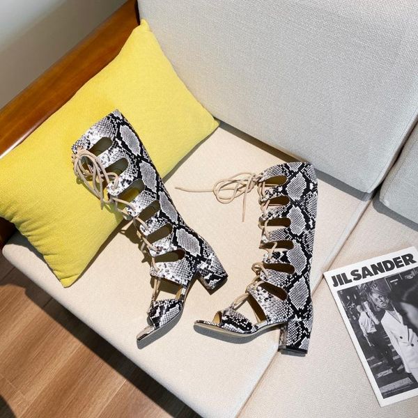 

boots women's print cross-tied knee heel high heels ladies shoes open-toes square toe lace up genuine leather zapatos de mujer, Black