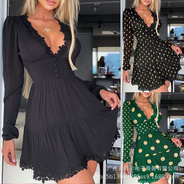 

casual dresses 20221 long-sleeved v-neck gilded lace stitching polka-dot tight dress, Black;gray