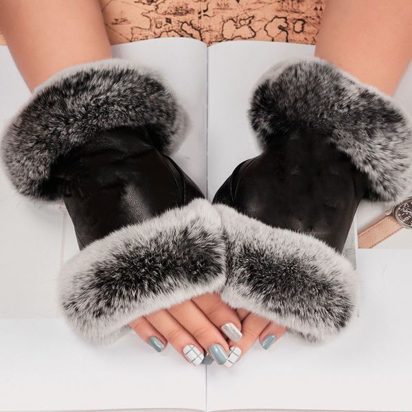 

100% leather gloves female sheepskin touch screen winter thickened warm brand gloves, Blue;gray
