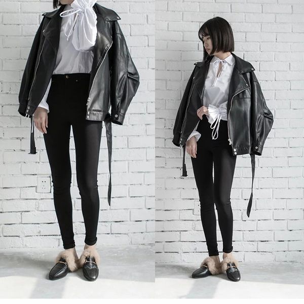 

pu faux leather jacket women loose sashes casual biker jackets outwear female bf style black leather jacket coat, Black;brown