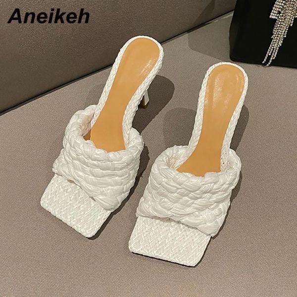 

slippers aneikeh 2021 fashion square open toe summer sandals concise pu band weave thin high heels ladies outside party slippers35-40, Black