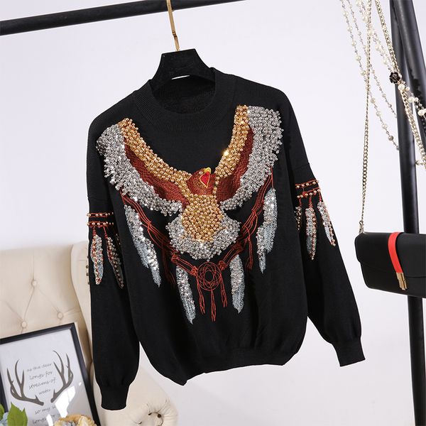 

autumn fashion black knitted tracksuit women 2pc beading eagle pullover sweater long pencil pants set loose knit outfits female udvi, Blue