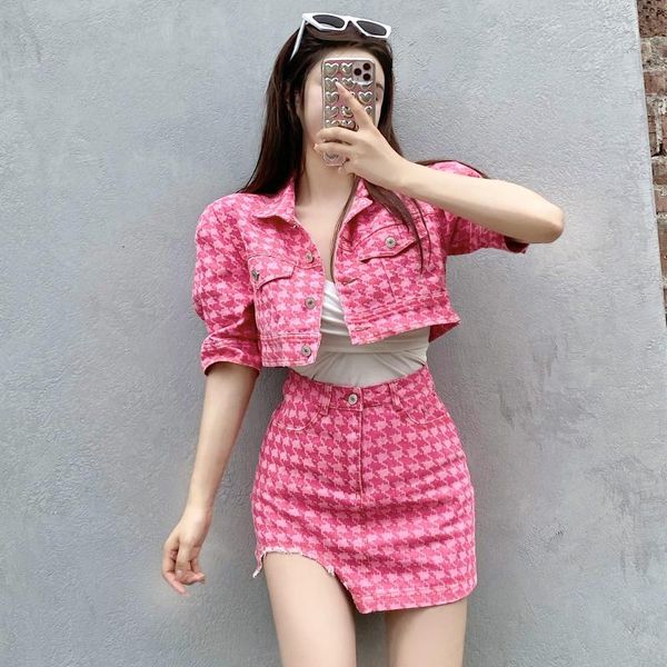 

women's jackets houndstooth jacket and skirts women summer fashion ripped irregular short mini female single-breasted denim coat, Black;brown