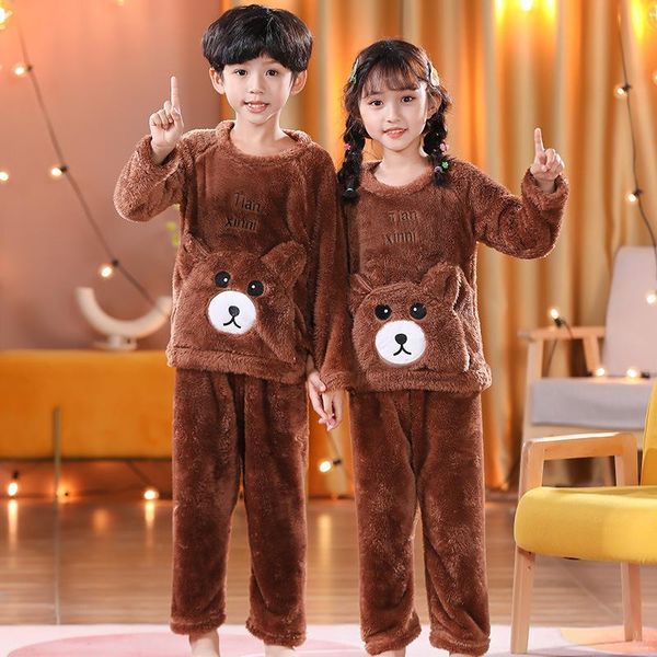 

pajamas cartoon bear kids flannel sleepwear children's pajama sets toddler girls clothes 2pcs +pants 2021 casual teenager costume, Blue;red