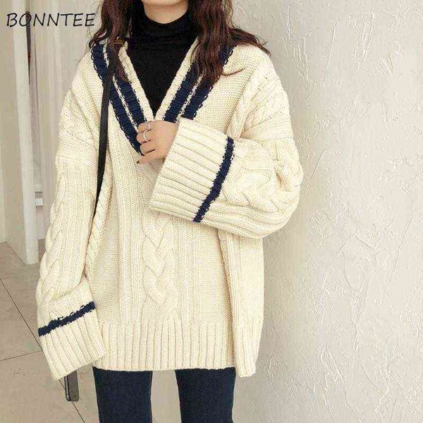 

sweaters women korean patchwork design v-neck thicker soft winter fall vintage flare sleeve lady knitwear preppy femme pullovers, Black