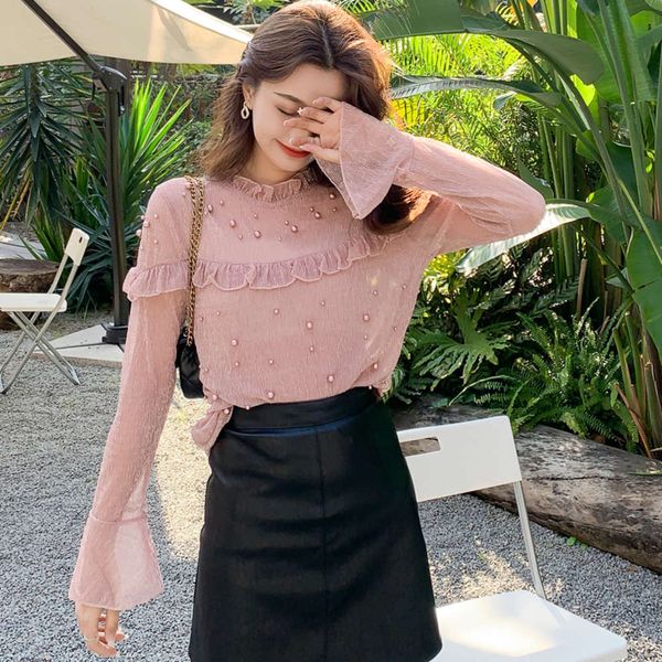 

sweet pink fungus edge stand collar chiffon shirt versatile blouse 2021 new design small trumpet sleeve top, White