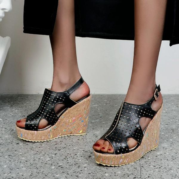 

sandals bonjomarisa the big size 43 female slip on platform buckle open toe women high wedges casual summer shoes woman, Black