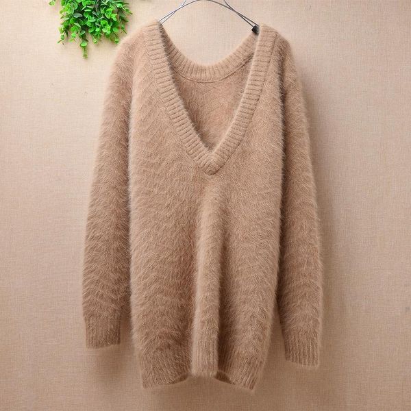 

women's sweaters pull female women hairy fuzzy mink cashmere deep v-neck long sleeves slim blouses pullover angora fur jumper sw, White;black