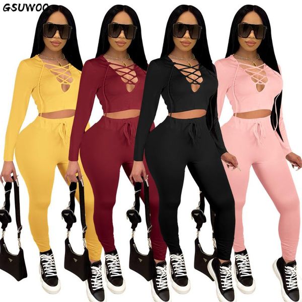 

women's two piece pants gsuwoo long sleeve hooded sports suit women spring autumn solid color cross lace up hollow out crop leggings se, White