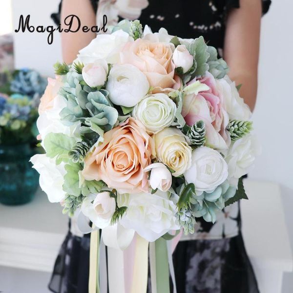 

magideal elegant artificial bride rose ribbon bouquet holder for wedding party flower girl bridesmaids groomsman supply multi