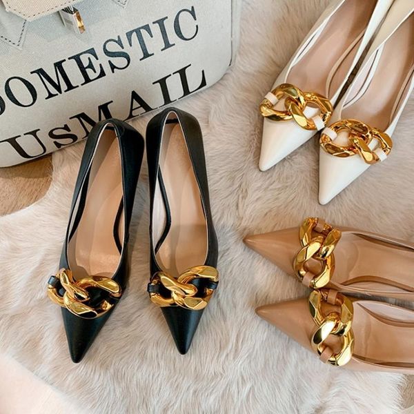 

dress shoes ochanmeb chic elegant stiletto high heels women's natural genuine leather pumps woman designer gold chain black beige nude