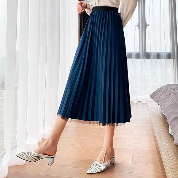 

skirts 2021 korean spring woman skirt high waist solid mesh women pleated midi casual mujer faldas femme jupes streetwear, Black