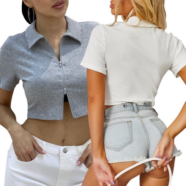 

women's blouses & shirts women\u2021s 2021 summer solid color knitted cardigan short sleeve zipper closure lapel collar slimming, White