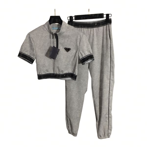 

solid color casual outfit women outdoor running tracksuit short sleeve gym clothing elastic waist loose pants, White;red