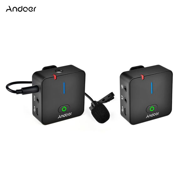 Andoer MX5 2.4G sistema de microfone de gravação sem fio com receptor de transmissor clip-on Lavalier Mic Smartphone DSLRS DV Vlog