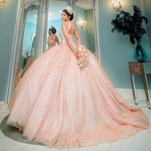 Glänzendes Glitzer-Prinzessin-Ballkleid für Quinceanera-Kleider, Perlenquasten, Schnür-Abschlussballkleider, Sweet-15-Maskenkleid