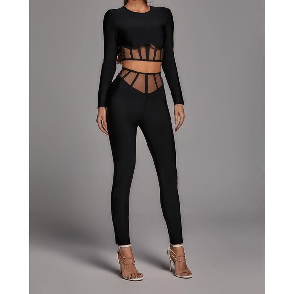 

two piece dress celebrity bandage elegant woman pieces suit rayon full sleeves mesh pants 6z4q, White