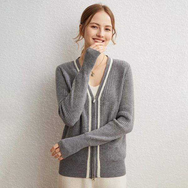 

women's knits & tees autumn and winter 100% pure wool knitted woolen sweater v-neck commuter loose coat zipper all-match long-sleeved t, White